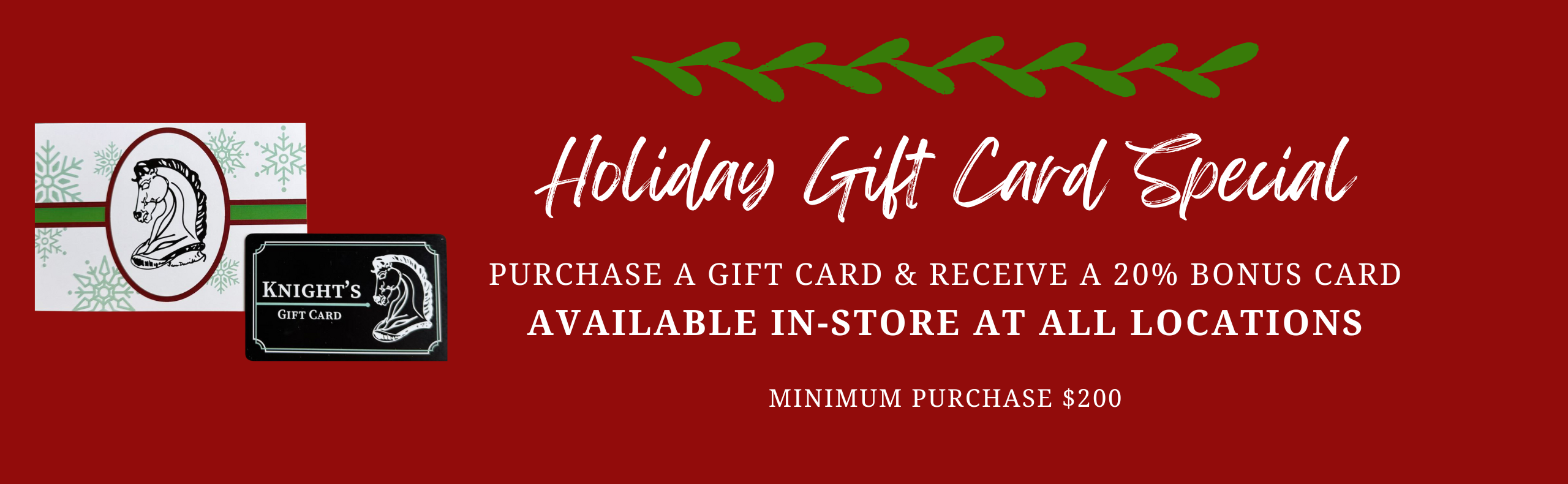 Holiday Gift Card Special. Purchase a gift card and receive a 20% bonus card.